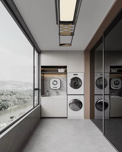 Modern Home Balcony With Washing Machine Dryer Storage Cabinets Large Window And Scenic View 3d model