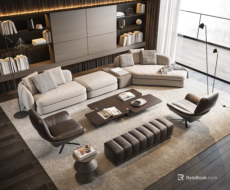 Modern Living Room Sofa And Coffee Table Set With Armchairs Bookshelves And Large Windows 3d model 