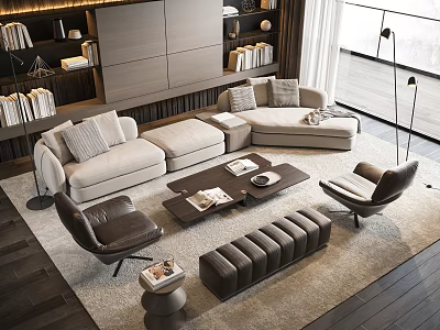 Modern Living Room Sofa And Coffee Table Set With Armchairs Bookshelves And Large Windows 3d model