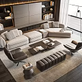 Modern Living Room Sofa And Coffee Table Set With Armchairs Bookshelves And Large Windows