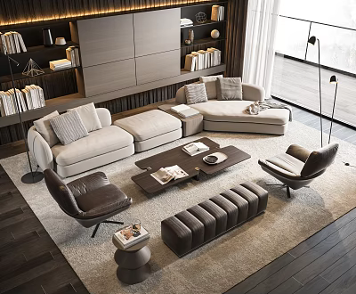 Modern Living Room Sofa And Coffee Table Set With Armchairs Bookshelves And Large Windows 3d model