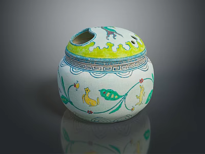 Sculpted Ceramic Jar With Colorful Duck Floral Leaf Patterns And Perforated Lid 3d model
