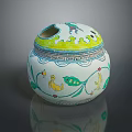 Sculpted Ceramic Jar With Colorful Duck Floral Leaf Patterns And Perforated Lid