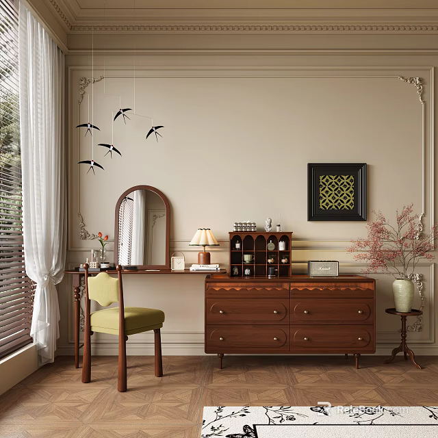 Elegant Wooden Dresser With Mirror Chair Table Lamp And Decorative Wall Art 3d model 