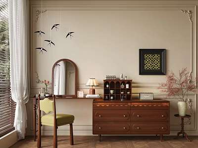 Elegant Wooden Dresser With Mirror Chair Table Lamp And Decorative Wall Art 3d model