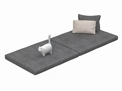 Gray Floor Mat with Two Pillows and White Cat Figurine Decoration 3d model