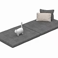 Gray Floor Mat with Two Pillows and White Cat Figurine Decoration