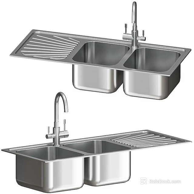 Modern Stainless Steel Double Bowl Kitchen Sink With Faucet And Drainboard 3d model 