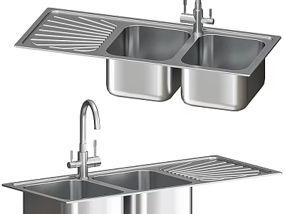 Modern Stainless Steel Double Bowl Kitchen Sink With Faucet And Drainboard 3d model
