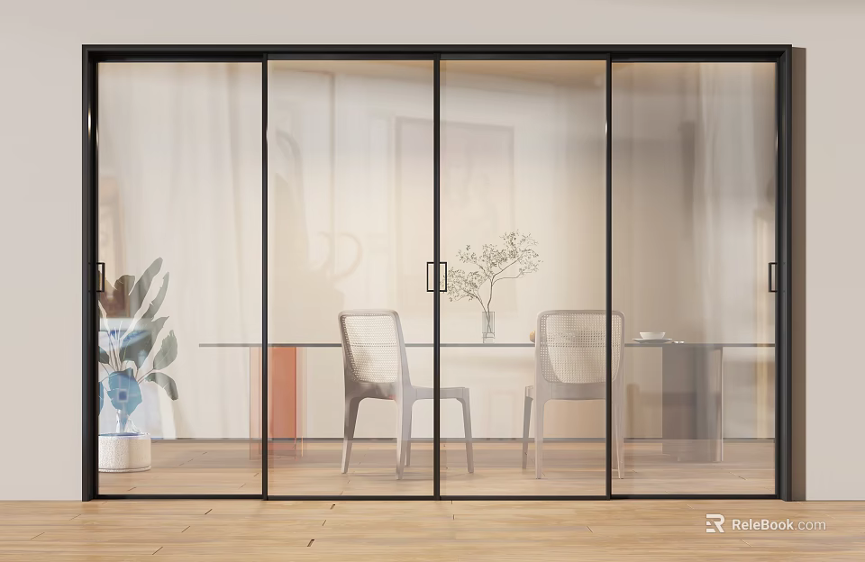 Sliding Glass Doors Modern Interior Design With Dining Table Chairs And Plants 3d model 