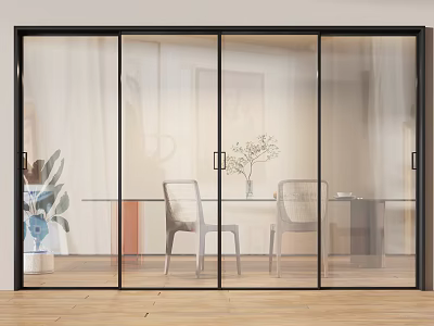 Sliding Glass Doors Modern Interior Design With Dining Table Chairs And Plants 3d model