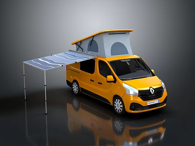 Yellow Renault Van With Deployed Roof Tent And Solar Panel Setup 3d model
