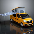 Yellow Renault Van With Deployed Roof Tent And Solar Panel Setup 3d model