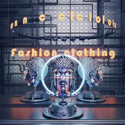 Three Head Sculpture Carving With Neon Light Effect And Fashion Clothing Text In Industrial Background 3d model