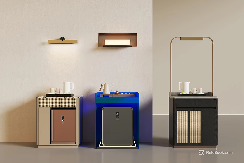Modern Tea Cabinets on Display with Beige Brown Blue Black and Tea Sets 3d model 