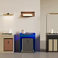 Modern Tea Cabinets on Display with Beige Brown Blue Black and Tea Sets