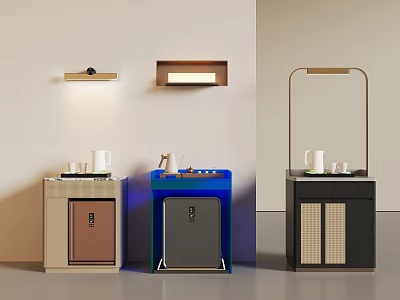 Modern Tea Cabinets on Display with Beige Brown Blue Black and Tea Sets 3d model