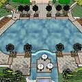Swimming Pool Design With Surrounding Trees Seating Areas And Decorative Structures 3d model