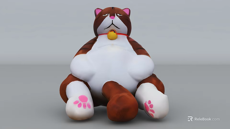 Cute Chubby Cat Doll Photo Spot With Brown White Fur Pink Ears And Yellow Bell Collar 3d model 