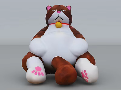 Cute Chubby Cat Doll Photo Spot With Brown White Fur Pink Ears And Yellow Bell Collar 3d model