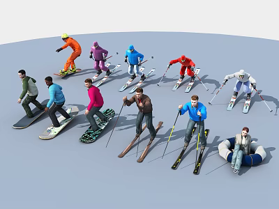 People in Colorful Winter Gear Practicing Skiing and Snowboarding Activities Outdoors 3d model