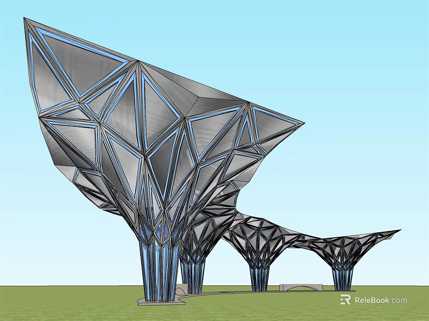 Modern Geometric Pergola Design With Metal Structure Support Columns And Outdoor Grass Field 3d model 