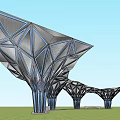 Modern Geometric Pergola Design With Metal Structure Support Columns And Outdoor Grass Field