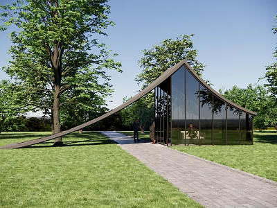 Modern Glass Entrance Gate Surrounded By Green Lawn And Trees With Stone Pathway 3d model