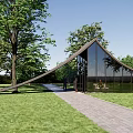Modern Glass Entrance Gate Surrounded By Green Lawn And Trees With Stone Pathway