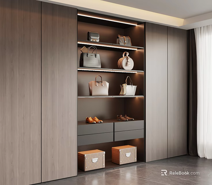 Modern Wooden Wardrobe Interior With Built-in Lighting Shelves Bags Drawers And Storage Boxes 3d model 