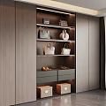 Modern Wooden Wardrobe Interior With Built-in Lighting Shelves Bags Drawers And Storage Boxes