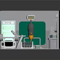 Cartoon Scene Of Miniature Control Room With Green Screens Robot Character And Control Consoles