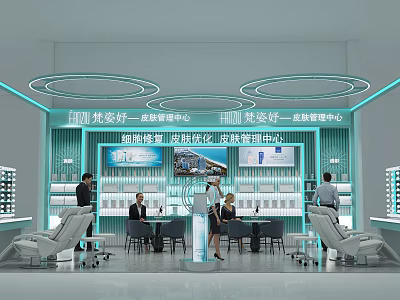 Modern Beauty Exhibition Hall For Skin Management With Cell Repair Display Cabinets And Consultation Area 3d model