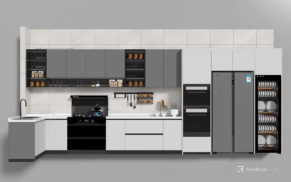 Modern Stylish Kitchenware Design With Cabinets Refrigerator Oven Countertop And Wall Tiles 3d model 