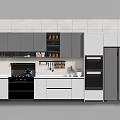Modern Stylish Kitchenware Design With Cabinets Refrigerator Oven Countertop And Wall Tiles