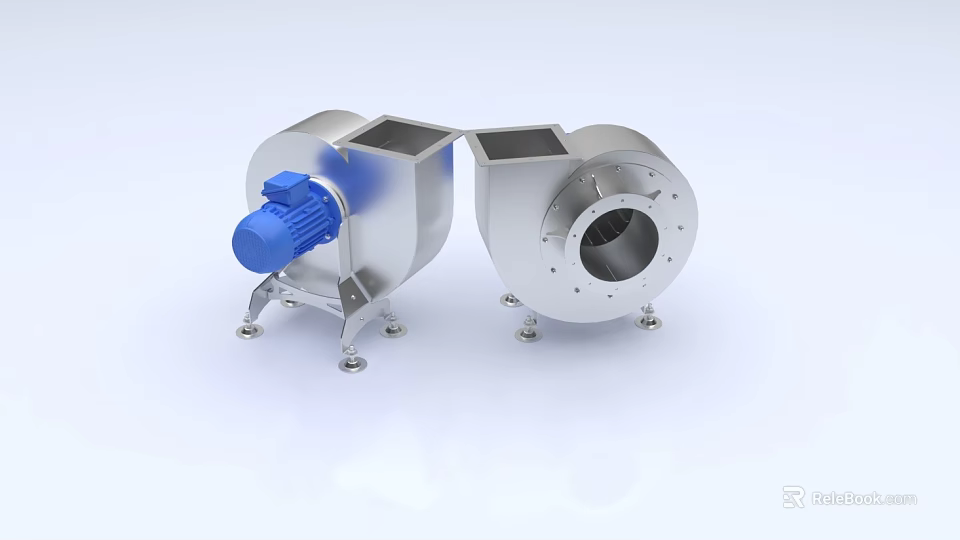 Industrial Centrifugal Fans With Blue Motor Stainless Steel Casing And Base Stands 3d model 