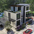 Modern Two Story Detached Villa With Large Windows Greenery And Cars Parked Front