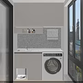 Modern White Bathroom Cabinet With Washing Machine Storage And Natural Light
