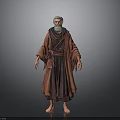 Gray Haired Bearded Man in Red Robe Belted at Waist Standing Barefoot on Gray Background