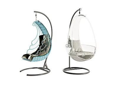 Modern Stylish Hanging Chairs With Patterned Blue And Transparent Gray Cushion Black Frame 3d model