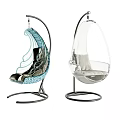 Modern Stylish Hanging Chairs With Patterned Blue And Transparent Gray Cushion Black Frame