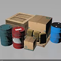 Colored Storage Drums With Cardboard Boxes Wooden Crate And Packages 3d model