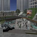Vibrant Commercial Street With High Rise Buildings Pedestrians Shops And Greenery At Night