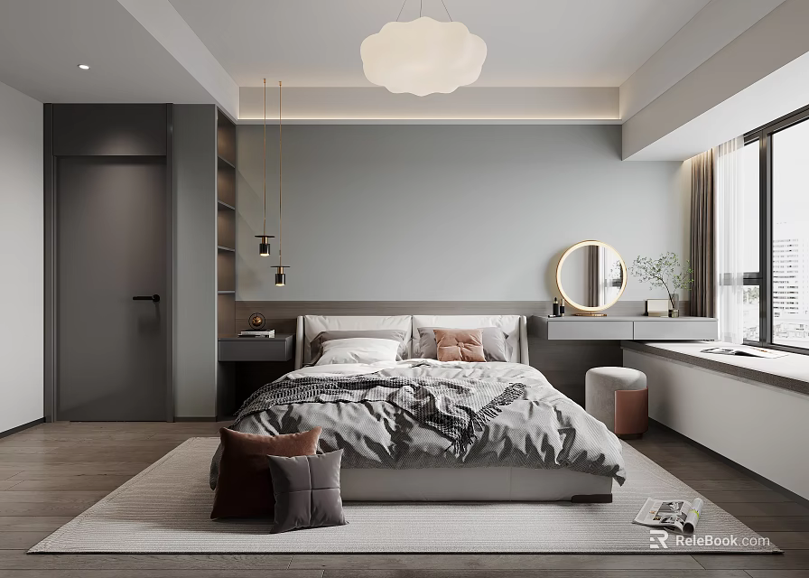 Modern Minimalist Bedroom Interior With Round Mirror Pendant Light Gray Black Bedding And Pillows 3d model 