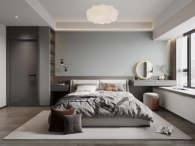 Modern Minimalist Bedroom Interior With Round Mirror Pendant Light Gray Black Bedding And Pillows 3d model