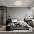 Modern Minimalist Bedroom Interior With Round Mirror Pendant Light Gray Black Bedding And Pillows