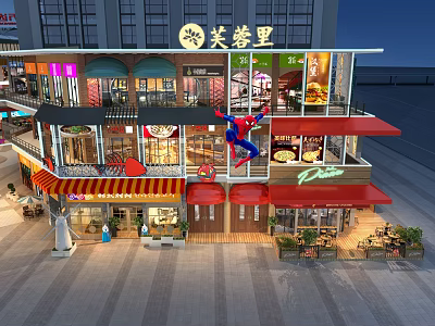 Vibrant Commercial Street With Multi Storey Shops Spider Man Decoration And Outdoor Seating 3d model