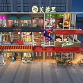 Vibrant Commercial Street With Multi Storey Shops Spider Man Decoration And Outdoor Seating
