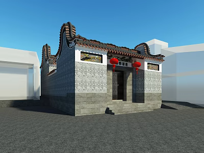 Ancient Chinese Architecture with Curved Eaves Gray Brick Walls Red Lanterns and Door Decorations 3d model