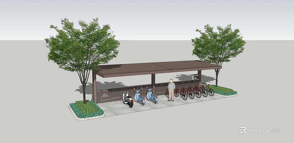 Outdoor Bike Shelter Featuring Bicycles Electric Scooters Trees Landscaping Person Near Fence 3d model 